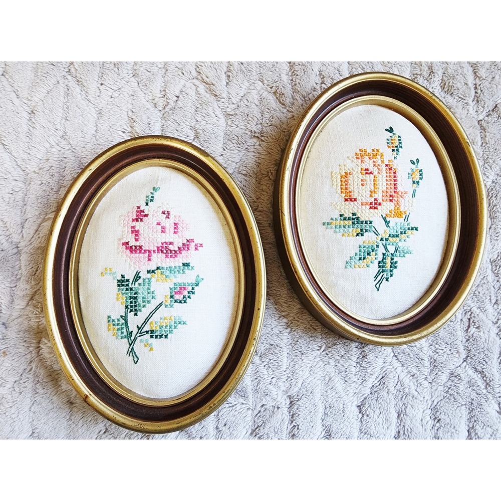 Vintage Floral Needlepoint Wall Art Oval Gold Frame Set of 2 Rose Embroidery